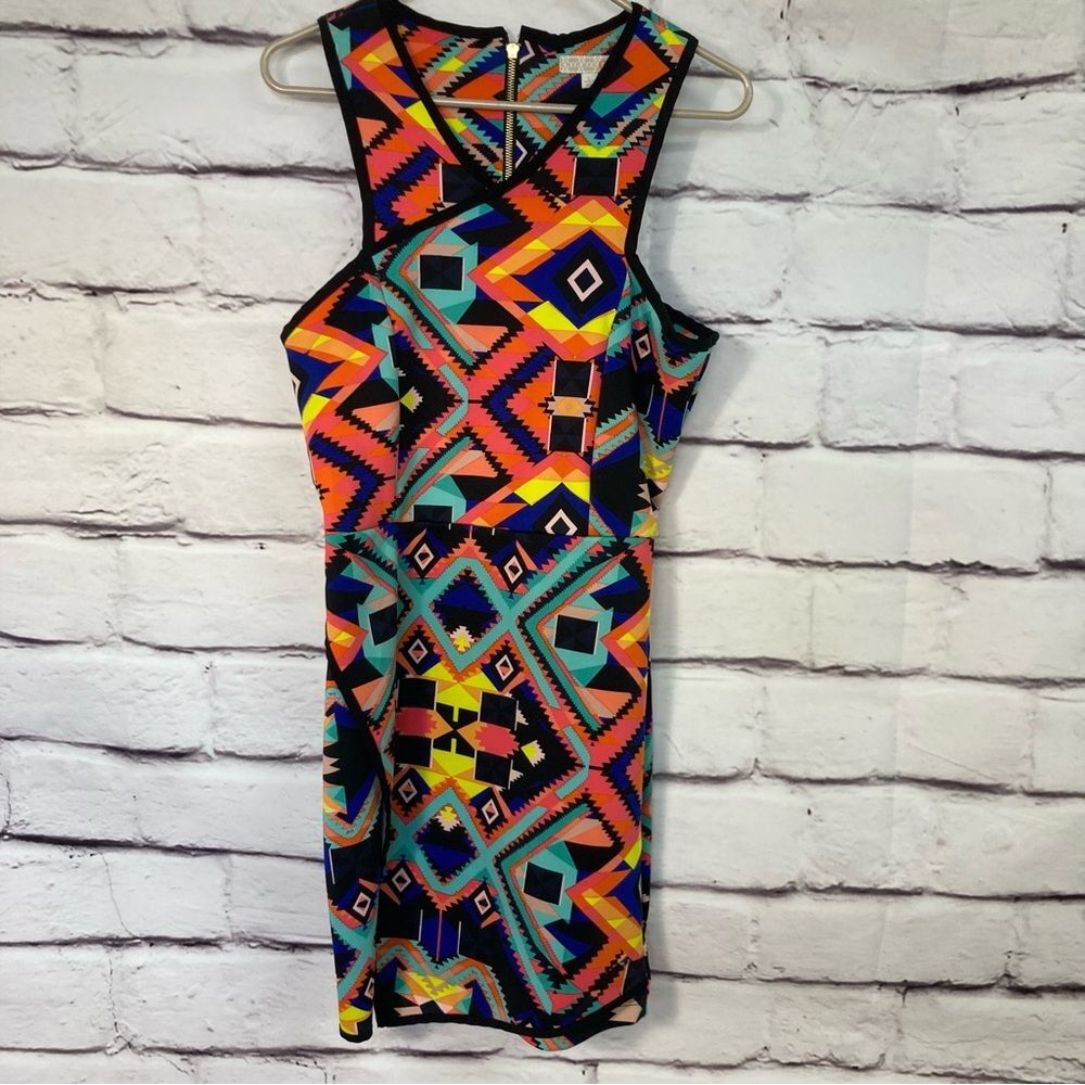 Giani Bernini Multicolor Geometric Print Tank Dress SZ L Bodycon Bright Stretch